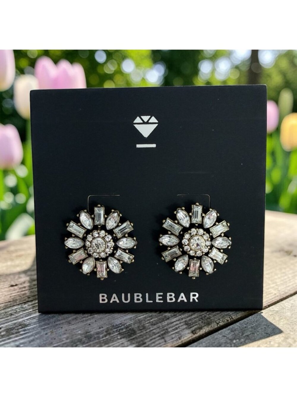 BaubleBar 15/16" Gold Tone/Rhinestone Flower Post Back Statement Earrings